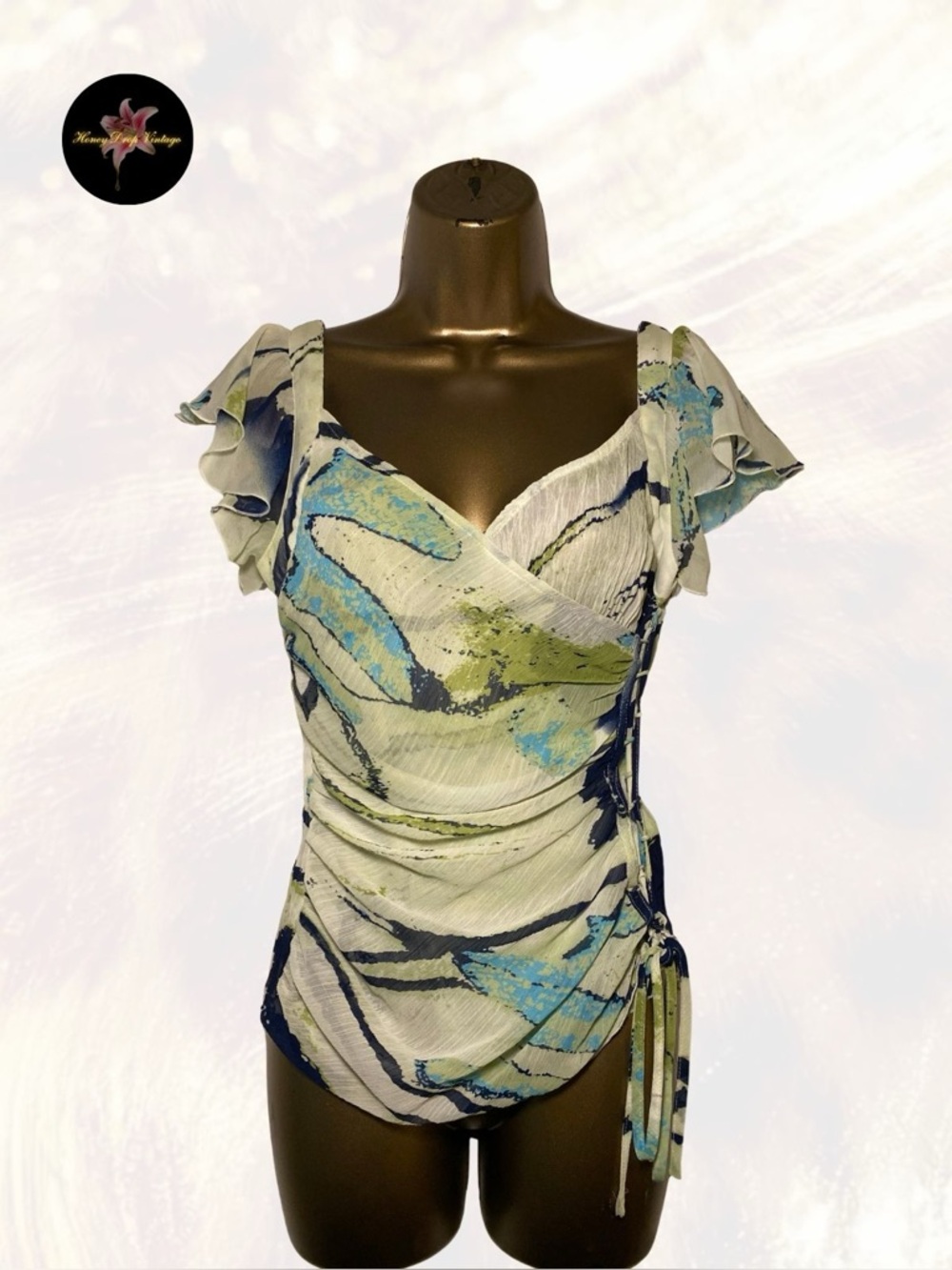 Y2K Abstract Blue Green Ruched Flutter Sleeve Top
